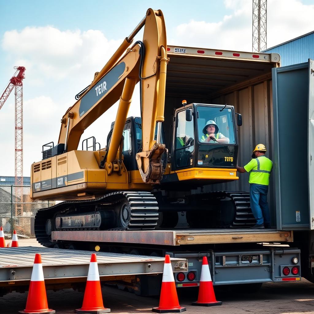 Excavator loaded on low-bed trailer
