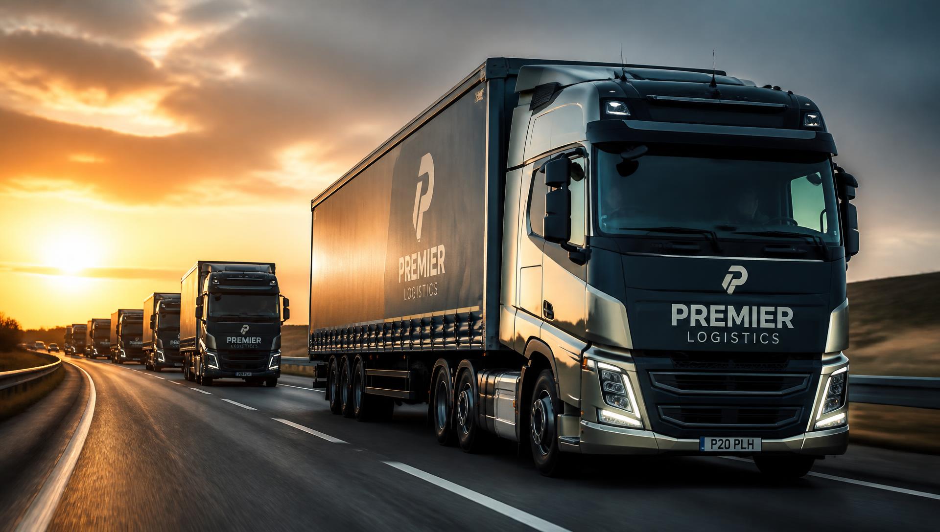 Fleet of haulage trucks on the highway at sunrise